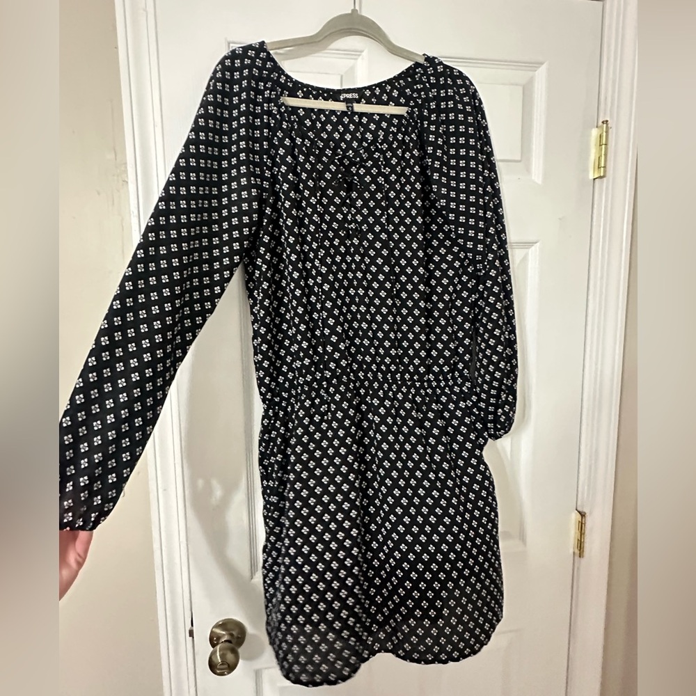Express Printed Lace Up Long Sleeve Drop Waist Dress